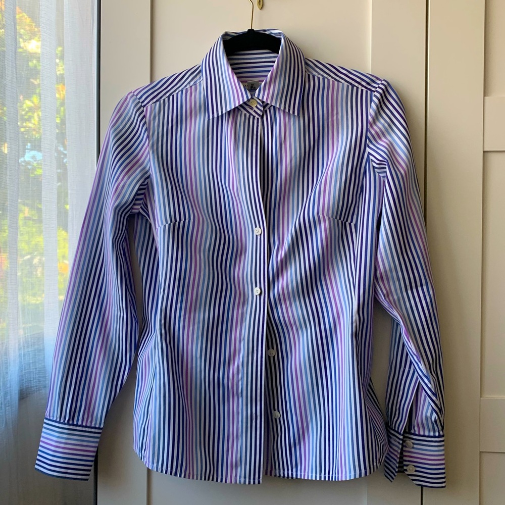 Banana Republic fitted Blue Lavender Striped long sleeve cotton Button Down sz S